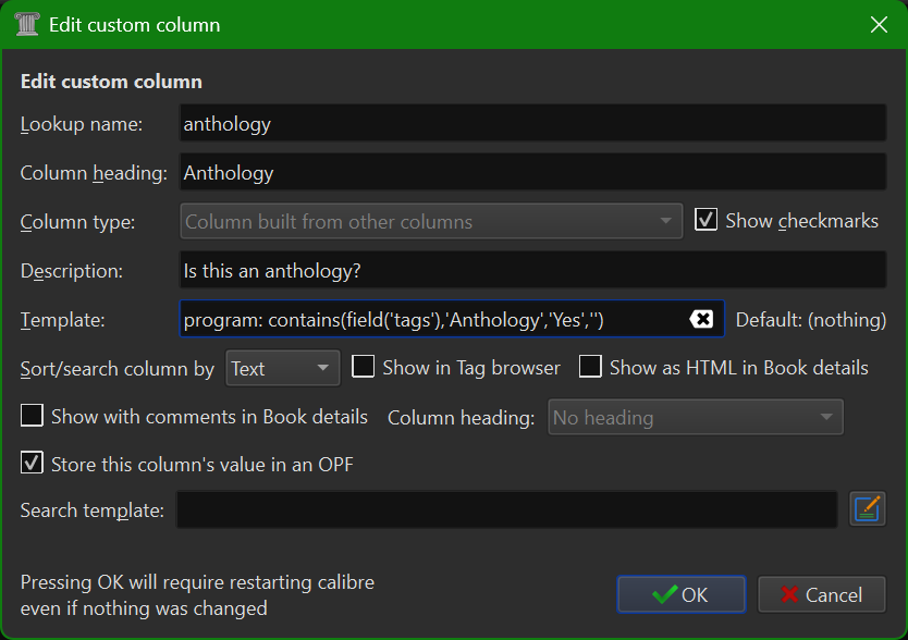 Screenshot of the Edit custom column GUI window for the column Anthology