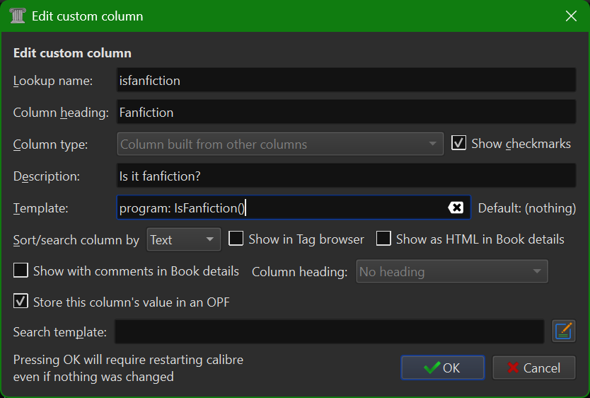 Screenshot of the Edit custom column GUI window for the column Fanfiction
