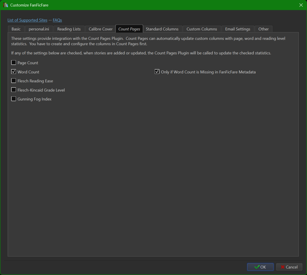 Screenshot of the Count Pages tab in the Customize FanFicFare window.