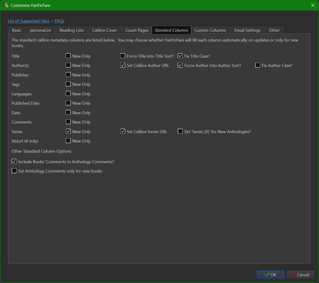 Screenshot of the Standard Columns tab in the Customize FanFicFare window.