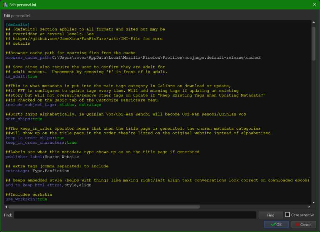 Screenshot of the [defaults] section of my personal.ini