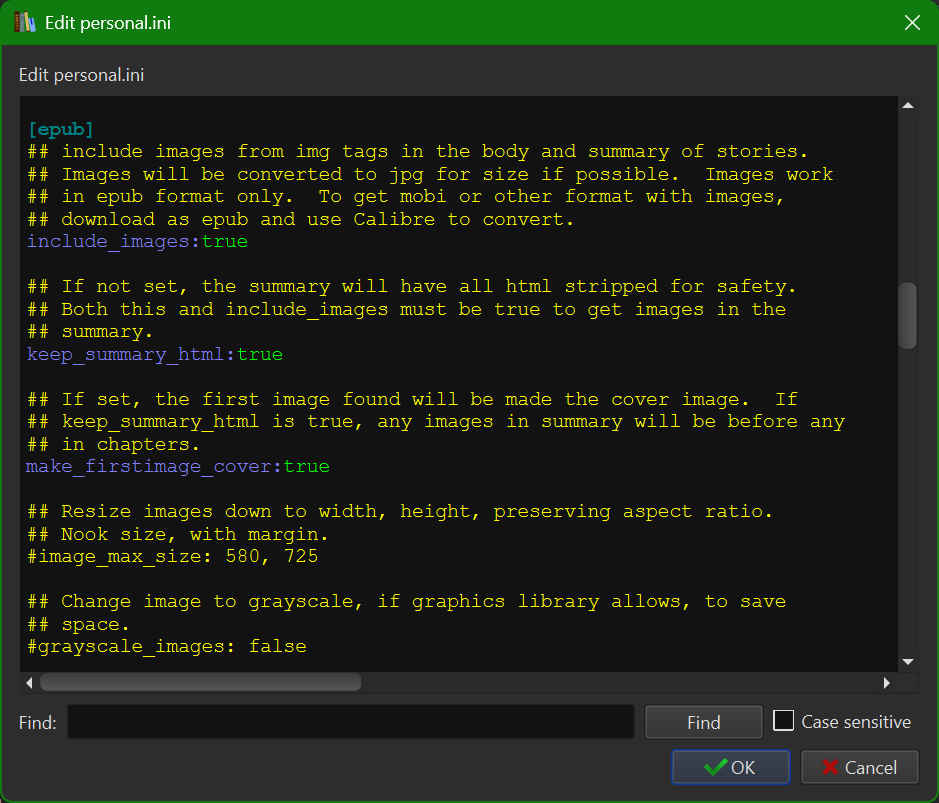 Screenshot of the [epub] section of my personal.ini