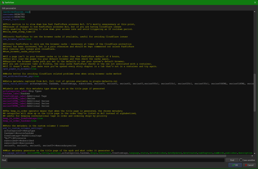 Screenshot of the Archive of Our Own section of my personal.ini