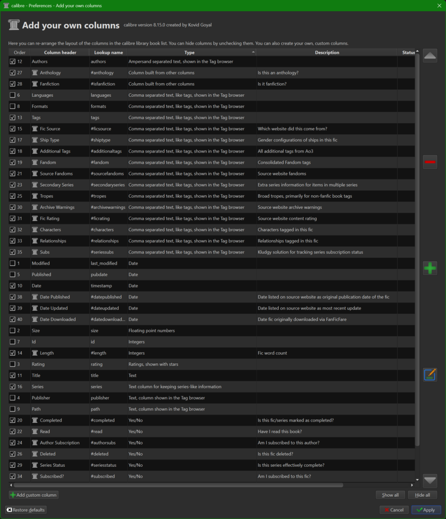A screenshot of the Add your own columns GUI window in Calibre