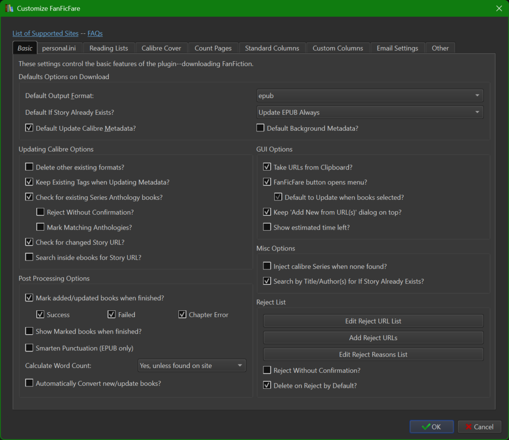 Screenshot of the Basic tab in the Customize FanFicFare GUI window