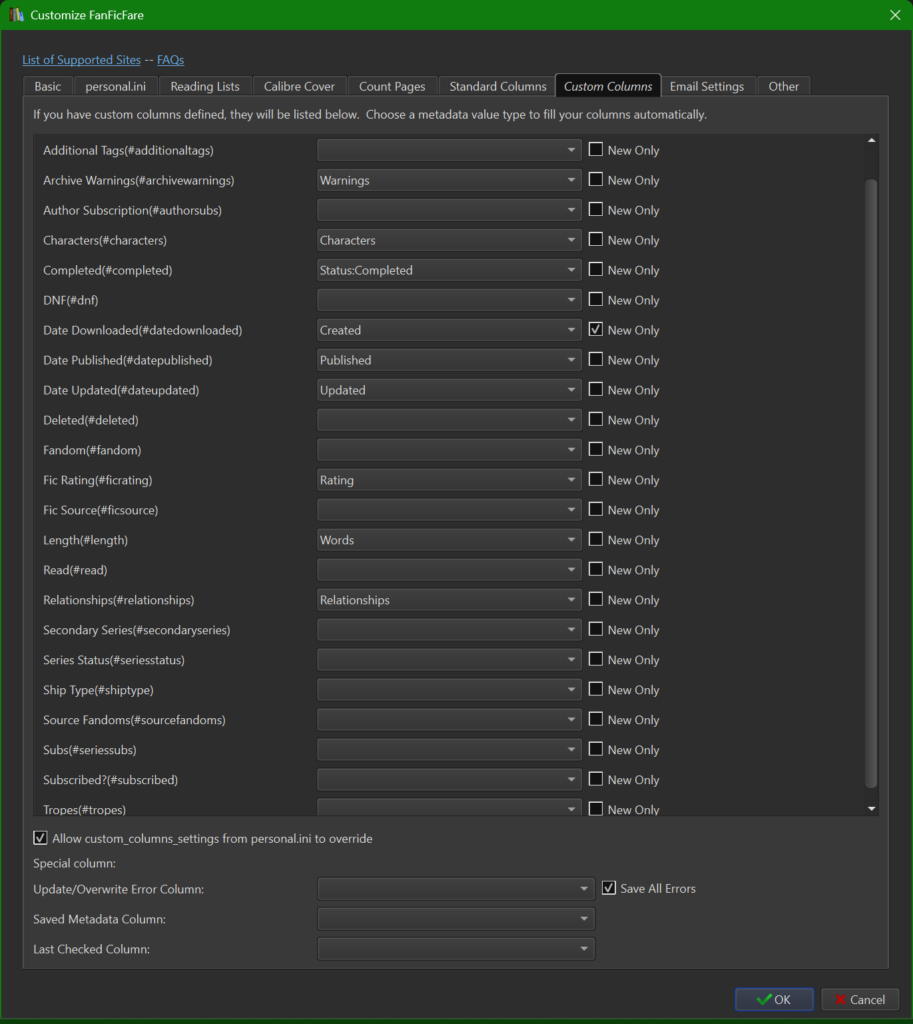 Screenshot of the Custom Columns tab in the Customize FanFicFare GUI window
