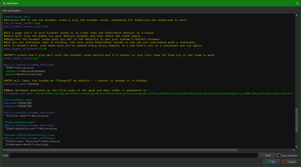 Screenshot of several other fanfiction website settings sections of my personal.ini